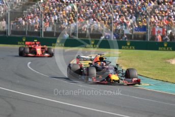 World © Octane Photographic Ltd. Formula 1 – Australian GP Race. Aston Martin Red Bull Racing RB15 – Max Verstappen and Scuderia Ferrari SF90 – Charles Leclerc. Melbourne, Australia. Sunday 17th March 2019.