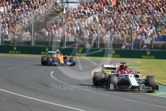 World © Octane Photographic Ltd. Formula 1 – Australian GP Race. Alfa Romeo Racing C38 – Kimi Raikkonen and McLaren MCL34 – Lando Norris. Melbourne, Australia. Sunday 17th March 2019.