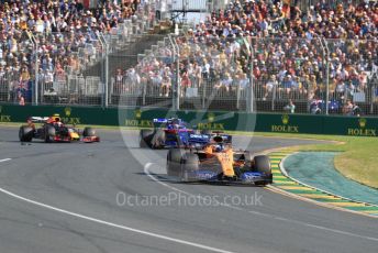 World © Octane Photographic Ltd. Formula 1 – Australian GP Race. McLaren MCL34 – Carlos Sainz, Scuderia Toro Rosso STR14 – Daniil Kvyat and Aston Martin Red Bull Racing RB15 – Pierre Gasly. Melbourne, Australia. Sunday 17th March 2019.