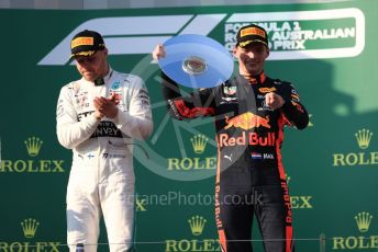 World © Octane Photographic Ltd. Formula 1 – Australian GP Podium. Mercedes AMG Petronas Motorsport AMG F1 W10 EQ Power+ - Valtteri Bottas and Aston Martin Red Bull Racing RB15 – Max Verstappen. Melbourne, Australia. Sunday 17th March 2019.