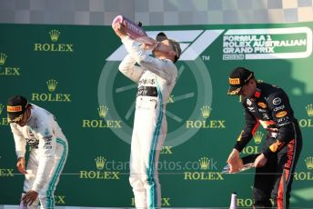 World © Octane Photographic Ltd. Formula 1 – Australian GP Podium. Mercedes AMG Petronas Motorsport AMG F1 W10 EQ Power+ - Valtteri Bottas and Lewis Hamilton and Aston Martin Red Bull Racing RB15 – Max Verstappen. Melbourne, Australia. Sunday 17th March 2019.