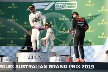 World © Octane Photographic Ltd. Formula 1 – Australian GP Podium. Mercedes AMG Petronas Motorsport AMG F1 W10 EQ Power+ - Valtteri Bottas and Lewis Hamilton and Aston Martin Red Bull Racing RB15 – Max Verstappen. Melbourne, Australia. Sunday 17th March 2019.