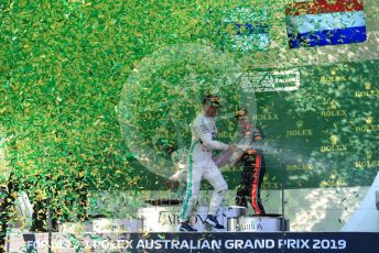 World © Octane Photographic Ltd. Formula 1 – Australian GP Podium. Mercedes AMG Petronas Motorsport AMG F1 W10 EQ Power+ - Valtteri Bottas and Aston Martin Red Bull Racing RB15 – Max Verstappen. Melbourne, Australia. Sunday 17th March 2019.