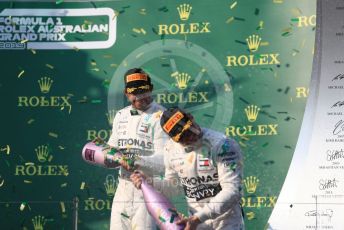 World © Octane Photographic Ltd. Formula 1 – Australian GP Podium. Mercedes AMG Petronas Motorsport AMG F1 W10 EQ Power+ - Valtteri Bottas and Lewis Hamilton. Melbourne, Australia. Sunday 17th March 2019.