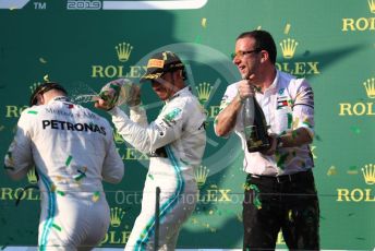 World © Octane Photographic Ltd. Formula 1 – Australian GP Podium. Mercedes AMG Petronas Motorsport AMG F1 W10 EQ Power+ - Valtteri Bottas and Lewis Hamilton. Melbourne, Australia. Sunday 17th March 2019.