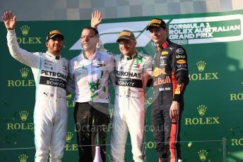 World © Octane Photographic Ltd. Formula 1 – Australian GP Podium. Mercedes AMG Petronas Motorsport AMG F1 W10 EQ Power+ - Valtteri Bottas and Lewis Hamilton and Aston Martin Red Bull Racing RB15 – Max Verstappen. Melbourne, Australia. Sunday 17th March 2019.