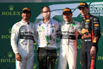 World © Octane Photographic Ltd. Formula 1 – Australian GP Podium. Mercedes AMG Petronas Motorsport AMG F1 W10 EQ Power+ - Valtteri Bottas and Lewis Hamilton and Aston Martin Red Bull Racing RB15 – Max Verstappen. Melbourne, Australia. Sunday 17th March 2019.