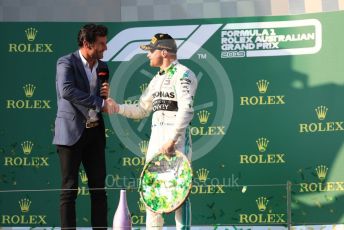 World © Octane Photographic Ltd. Formula 1 – Australian GP Podium. Mercedes AMG Petronas Motorsport AMG F1 W10 EQ Power+ - Valtteri Bottas interviewed by Mark Webber. Melbourne, Australia. Sunday 17th March 2019.