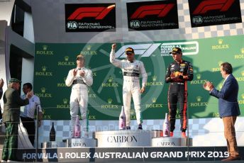 World © Octane Photographic Ltd. Formula 1 – Australian GP Podium. Mercedes AMG Petronas Motorsport AMG F1 W10 EQ Power+ - Valtteri Bottas and Lewis Hamilton and Aston Martin Red Bull Racing RB15 – Max Verstappen. Melbourne, Australia. Sunday 17th March 2019.