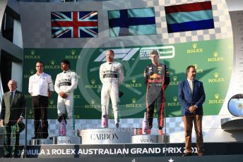 World © Octane Photographic Ltd. Formula 1 – Australian GP Podium. Mercedes AMG Petronas Motorsport AMG F1 W10 EQ Power+ - Valtteri Bottas and Lewis Hamilton and Aston Martin Red Bull Racing RB15 – Max Verstappen. Melbourne, Australia. Sunday 17th March 2019.