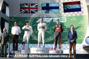 World © Octane Photographic Ltd. Formula 1 – Australian GP Podium. Mercedes AMG Petronas Motorsport AMG F1 W10 EQ Power+ - Valtteri Bottas and Lewis Hamilton and Aston Martin Red Bull Racing RB15 – Max Verstappen. Melbourne, Australia. Sunday 17th March 2019.