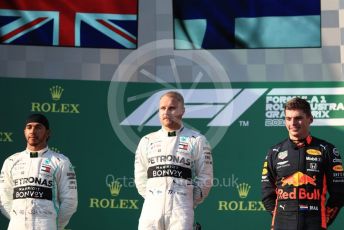 World © Octane Photographic Ltd. Formula 1 – Australian GP Podium. Mercedes AMG Petronas Motorsport AMG F1 W10 EQ Power+ - Valtteri Bottas and Lewis Hamilton and Aston Martin Red Bull Racing RB15 – Max Verstappen. Melbourne, Australia. Sunday 17th March 2019.