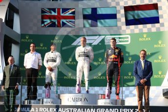 World © Octane Photographic Ltd. Formula 1 – Australian GP Podium. Mercedes AMG Petronas Motorsport AMG F1 W10 EQ Power+ - Valtteri Bottas and Lewis Hamilton and Aston Martin Red Bull Racing RB15 – Max Verstappen. Melbourne, Australia. Sunday 17th March 2019.