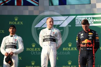 World © Octane Photographic Ltd. Formula 1 – Australian GP Podium. Mercedes AMG Petronas Motorsport AMG F1 W10 EQ Power+ - Valtteri Bottas and Lewis Hamilton and Aston Martin Red Bull Racing RB15 – Max Verstappen. Melbourne, Australia. Sunday 17th March 2019.