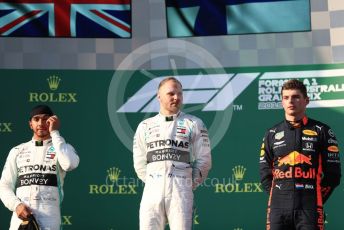 World © Octane Photographic Ltd. Formula 1 – Australian GP Podium. Mercedes AMG Petronas Motorsport AMG F1 W10 EQ Power+ - Valtteri Bottas and Lewis Hamilton and Aston Martin Red Bull Racing RB15 – Max Verstappen. Melbourne, Australia. Sunday 17th March 2019.