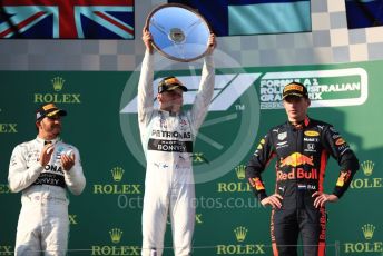 World © Octane Photographic Ltd. Formula 1 – Australian GP Podium. Mercedes AMG Petronas Motorsport AMG F1 W10 EQ Power+ - Valtteri Bottas and Lewis Hamilton and Aston Martin Red Bull Racing RB15 – Max Verstappen. Melbourne, Australia. Sunday 17th March 2019.