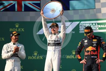 World © Octane Photographic Ltd. Formula 1 – Australian GP Podium. Mercedes AMG Petronas Motorsport AMG F1 W10 EQ Power+ - Valtteri Bottas and Lewis Hamilton and Aston Martin Red Bull Racing RB15 – Max Verstappen. Melbourne, Australia. Sunday 17th March 2019.