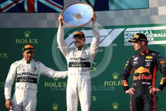 World © Octane Photographic Ltd. Formula 1 – Australian GP Podium. Mercedes AMG Petronas Motorsport AMG F1 W10 EQ Power+ - Valtteri Bottas and Lewis Hamilton and Aston Martin Red Bull Racing RB15 – Max Verstappen. Melbourne, Australia. Sunday 17th March 2019.