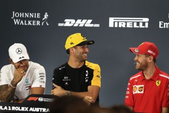 World © Octane Photographic Ltd. Formula 1 - Australian GP Thursday FIA Driver Press Conference. Mercedes AMG Petronas Motorsport AMG F1 W10 EQ Power+ - Lewis Hamilton, Renault Sport F1 Team RS19 – Daniel Ricciardo, and Scuderia Ferrari SF90 – Sebastian Vettel. Thursday 14th Melbourne, Australia. Thursday 14th March 2019