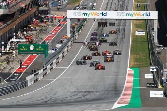 World © Octane Photographic Ltd. Formula 1 – Austrian GP - Race. Scuderia Ferrari SF90 – Charles Leclerc leads race start while Mercedes AMG Petronas Motorsport AMG F1 W10 EQ Power+ - Lewis Hamilton makes a bold move up the inside. Red Bull Ring, Spielberg, Styria, Austria. Sunday 30th June 2019