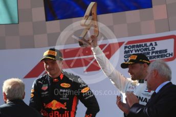 World © Octane Photographic Ltd. Formula 1 – Austrian GP - Podium. Aston Martin Red Bull Racing RB15 – Max Verstappen, Mercedes AMG Petronas Motorsport AMG F1 W10 EQ Power+ - Valtteri Bottas, Scuderia Ferrari SF90 – Charles Leclerc and Toyoharu Tanube - Honda Performance Development (HPD) Senior Manager. Red Bull Ring, Spielberg, Styria, Austria. Sunday 30th June 2019