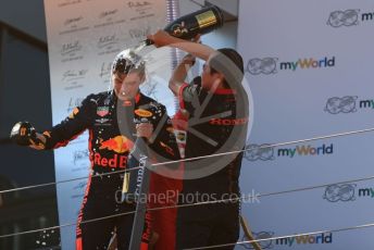 World © Octane Photographic Ltd. Formula 1 – Austrian GP - Podium. Aston Martin Red Bull Racing RB15 – Max Verstappen and Toyoharu Tanube - Honda Performance Development (HPD) Senior Manager. Red Bull Ring, Spielberg, Styria, Austria. Sunday 30th June 2019