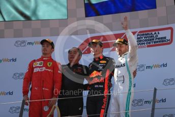 World © Octane Photographic Ltd. Formula 1 – Austrian GP - Podium. Aston Martin Red Bull Racing RB15 – Max Verstappen, Mercedes AMG Petronas Motorsport AMG F1 W10 EQ Power+ - Valtteri Bottas, Scuderia Ferrari SF90 – Charles Leclerc and Toyoharu Tanube - Honda Performance Development (HPD) Senior Manager. Red Bull Ring, Spielberg, Styria, Austria. Sunday 30th June 2019