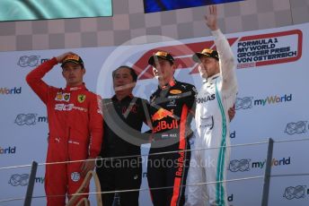 World © Octane Photographic Ltd. Formula 1 – Austrian GP - Podium. Aston Martin Red Bull Racing RB15 – Max Verstappen, Mercedes AMG Petronas Motorsport AMG F1 W10 EQ Power+ - Valtteri Bottas, Scuderia Ferrari SF90 – Charles Leclerc and Toyoharu Tanube - Honda Performance Development (HPD) Senior Manager. Red Bull Ring, Spielberg, Styria, Austria. Sunday 30th June 2019