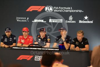 World © Octane Photographic Ltd. Formula 1 – Austrian GP - Paddock. FIA Drivers Press Conference. Scuderia Ferrari SF90 – Charles Leclerc, Rich Energy Haas F1 Team VF19 – Kevin Magnussen, SportPesa Racing Point RP19 - Sergio Perez, Aston Martin Red Bull Racing RB15 – Max Verstappen and Scuderia Toro Rosso STR14 – Alexander Albon. Red Bull Ring, Spielberg, Styria, Austria. Thursday 27th June 2019.