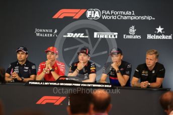 World © Octane Photographic Ltd. Formula 1 – Austrian GP - Paddock. FIA Drivers Press Conference. Scuderia Ferrari SF90 – Charles Leclerc, Rich Energy Haas F1 Team VF19 – Kevin Magnussen, SportPesa Racing Point RP19 - Sergio Perez, Aston Martin Red Bull Racing RB15 – Max Verstappen and Scuderia Toro Rosso STR14 – Alexander Albon. Red Bull Ring, Spielberg, Styria, Austria. Thursday 27th June 2019.