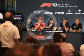 World © Octane Photographic Ltd. Formula 1 – Austrian GP - Paddock. FIA Drivers Press Conference. Scuderia Ferrari SF90 – Charles Leclerc, Rich Energy Haas F1 Team VF19 – Kevin Magnussen, SportPesa Racing Point RP19 - Sergio Perez, Aston Martin Red Bull Racing RB15 – Max Verstappen and Scuderia Toro Rosso STR14 – Alexander Albon. Red Bull Ring, Spielberg, Styria, Austria. Thursday 27th June 2019.