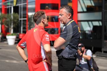 World © Octane Photographic Ltd. Formula 1 – Austrian GP - Paddock. Scuderia Ferrari SF90 – Sebastian Vettel chats with Mario Isola – Pirelli Head of Car Racing . Red Bull Ring, Spielberg, Styria, Austria. Thursday 27th June 2019