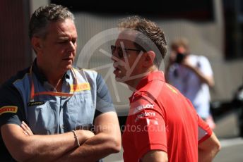 World © Octane Photographic Ltd. Formula 1 – Austrian GP - Paddock. Scuderia Ferrari SF90 – Sebastian Vettel chats with Mario Isola – Pirelli Head of Car Racing . Red Bull Ring, Spielberg, Styria, Austria. Thursday 27th June 2019