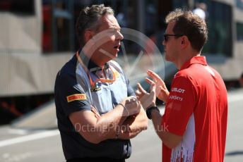 World © Octane Photographic Ltd. Formula 1 – Austrian GP - Paddock. Scuderia Ferrari SF90 – Sebastian Vettel chats with Mario Isola – Pirelli Head of Car Racing . Red Bull Ring, Spielberg, Styria, Austria. Thursday 27th June 2019