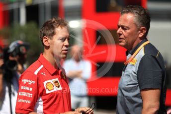 World © Octane Photographic Ltd. Formula 1 – Austrian GP - Paddock. Scuderia Ferrari SF90 – Sebastian Vettel chats with Mario Isola – Pirelli Head of Car Racing . Red Bull Ring, Spielberg, Styria, Austria. Thursday 27th June 2019