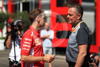 World © Octane Photographic Ltd. Formula 1 – Austrian GP - Paddock. Scuderia Ferrari SF90 – Sebastian Vettel chats with Mario Isola – Pirelli Head of Car Racing . Red Bull Ring, Spielberg, Styria, Austria. Thursday 27th June 2019