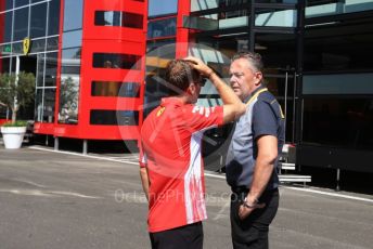 World © Octane Photographic Ltd. Formula 1 – Austrian GP - Paddock. Scuderia Ferrari SF90 – Sebastian Vettel chats with Mario Isola – Pirelli Head of Car Racing . Red Bull Ring, Spielberg, Styria, Austria. Thursday 27th June 2019.