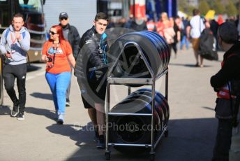 World © Octane Photographic Ltd. Formula 1 – Winter Testing - Test 1 - Day 1. ROKiT Williams Racing mechanic with wheel and tyres. Circuit de Barcelona-Catalunya. Monday 18th February 2019.