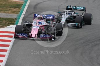 World © Octane Photographic Ltd. Formula 1 – Winter Testing - Test 1 - Day 3. SportPesa Racing Point RP19 - Sergio Perez and Mercedes AMG Petronas Motorsport AMG F1 W10 EQ Power+ - Valtteri Bottas. Circuit de Barcelona-Catalunya. Wednesday 20th February 2019.