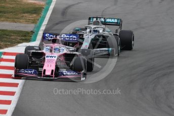 World © Octane Photographic Ltd. Formula 1 – Winter Testing - Test 1 - Day 3. SportPesa Racing Point RP19 - Sergio Perez and Mercedes AMG Petronas Motorsport AMG F1 W10 EQ Power+ - Valtteri Bottas. Circuit de Barcelona-Catalunya. Wednesday 20th February 2019.