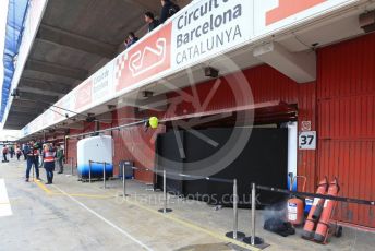 World © Octane Photographic Ltd. Formula 1 – Winter Testing - Test 1 - Day 3. ROKiT Williams Racing garage open with screens in front for the first time during the test with smoke coming from the side. Circuit de Barcelona-Catalunya. Wednesday 20th February 2019.