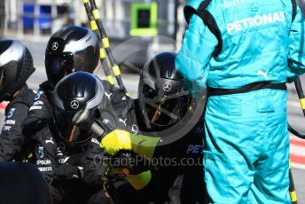 World © Octane Photographic Ltd. Formula 1 – Winter Testing - Test 2 - Day 2. Mercedes AMG Petronas Motorsport AMG F1 W10 EQ Power+ - Lewis Hamilton pit team waiting for him to pit. Circuit de Barcelona-Catalunya. Wednesday 27th February 2019.