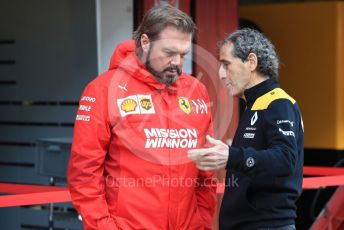 World © Octane Photographic Ltd. Formula 1 - Winter Testing - Test 2 - Day 3. Gino Rosato – Ferrari Corporate Affairs and Alain Prost – Special Advisor to Renault Sport Formula 1 Team. Circuit de Barcelona-Catalunya. Thursday 28th February 2019