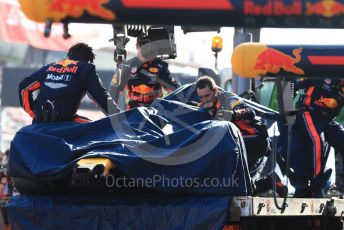 World © Octane Photographic Ltd. Formula 1 – Winter Testing - Test 2 - Day 3. Aston Martin Red Bull Racing RB15 – Pierre Gasly damaged car gets returned to the pit lane. Circuit de Barcelona-Catalunya. Thursday 28th February 2019.