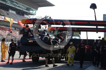 World © Octane Photographic Ltd. Formula 1 – Winter Testing - Test 2 - Day 3. Aston Martin Red Bull Racing RB15 – Pierre Gasly damaged car gets returned to the pit lane. Circuit de Barcelona-Catalunya. Thursday 28th February 2019.