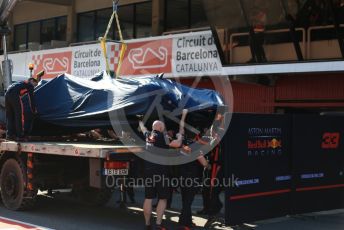 World © Octane Photographic Ltd. Formula 1 – Winter Testing - Test 2 - Day 3. Aston Martin Red Bull Racing RB15 – Pierre Gasly damaged car gets returned to the pit lane. Circuit de Barcelona-Catalunya. Thursday 28th February 2019.