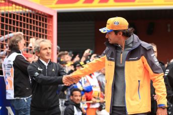 World © Octane Photographic Ltd. Formula 1 – Belgium GP - Drivers Parade. McLaren MCL34 – Carlos Sainz shakes hands with Alain Prost – Non-Executive Director Renault Sport Formula 1 Team. Circuit de Spa Francorchamps, Belgium. Sunday 1st September 2019.