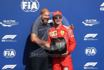 World © Octane Photographic Ltd. Formula 1 – Belgium GP - Qualifying. Scuderia Ferrari SF90 – Charles Leclerc receives the Pirelli Pole Position Award from the Pirelli Representative, actor Keegan-Micheal Key.  Circuit de Spa Francorchamps, Belgium. Saturday 31st August 2019.