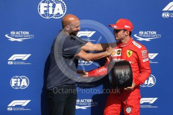 World © Octane Photographic Ltd. Formula 1 – Belgium GP - Qualifying. Scuderia Ferrari SF90 – Charles Leclerc receives the Pirelli Pole Position Award from the Pirelli Representative, actor Keegan-Micheal Key.  Circuit de Spa Francorchamps, Belgium. Saturday 31st August 2019.