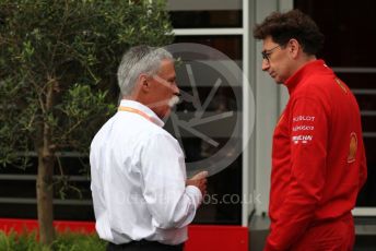 World © Octane Photographic Ltd. Formula 1 - Belgium GP - Paddock. Chase Carey - Chief Executive Officer of the Formula One Group and Mattia Binotto – Team Principal of Scuderia Ferrari. Circuit de Spa Francorchamps, Belgium. Sunday 1st September 2019.